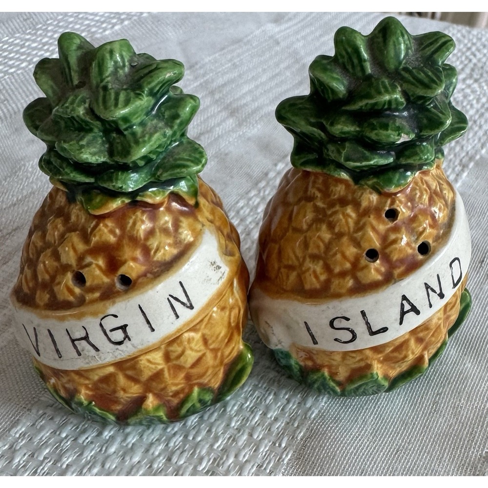 Vintage Aloha Virgin Island Ceramic Pineapple Salt & Pepper Shakers Tiki Bar‎